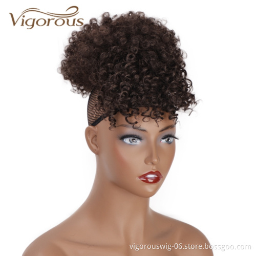 Vigorous Wholesale Heat Resistant Fiber Kinky Curly Ponytail With Bangs Hair Extension For Black Women Synthetic Afro Hair Bun